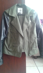 Army green jacket with leather sleeves